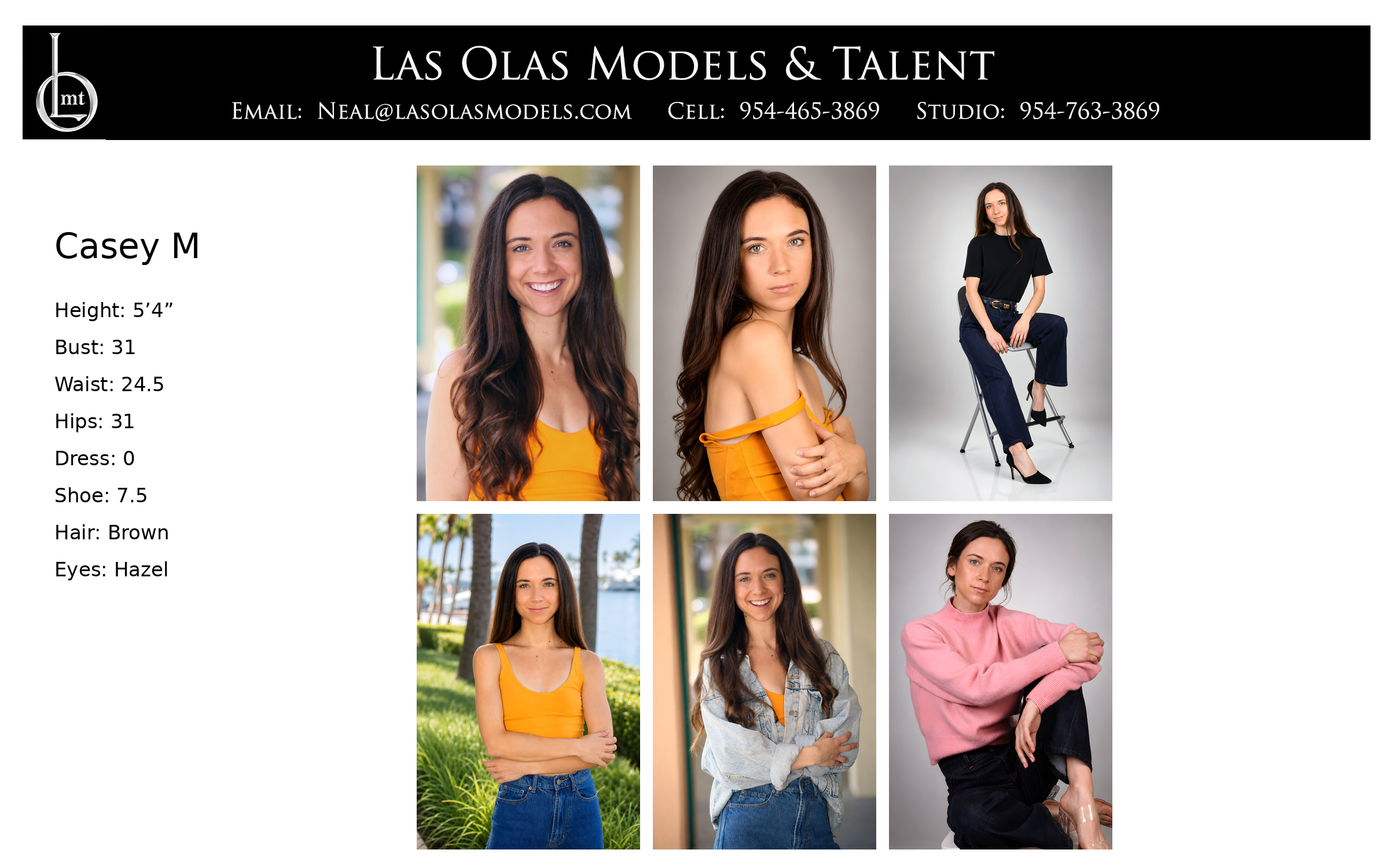 Casey M comp card with six photos and model measurements