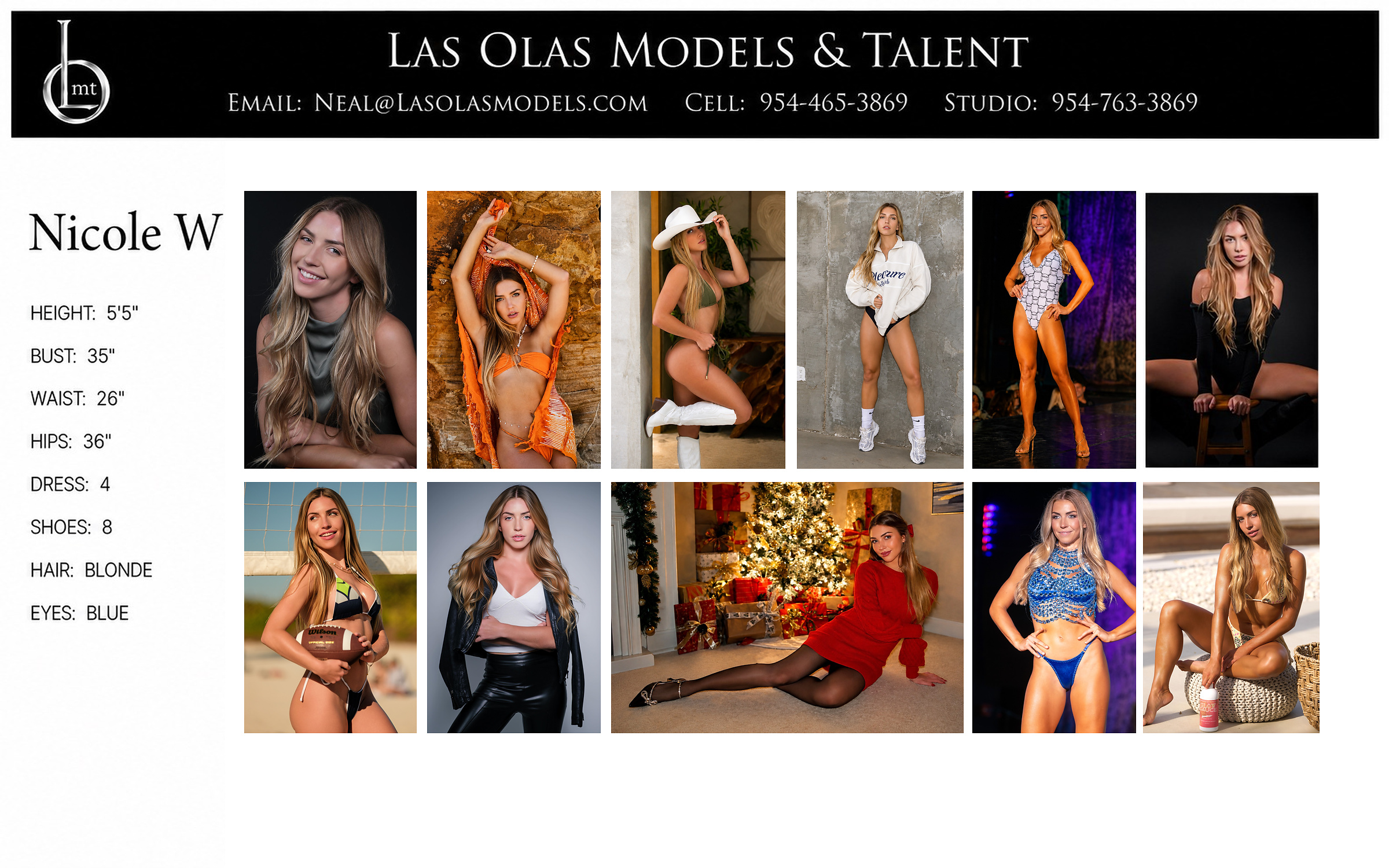 Nicole W comp card with ten photos and model measurements